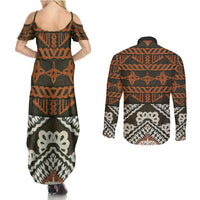 Bula Fiji Tapa Couples Matching Summer Maxi Dress and Long Sleeve Button Shirt Fijian Masi Vintage Vibes LT14 - Polynesian Pride