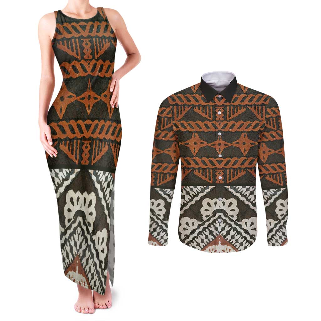 Bula Fiji Tapa Couples Matching Tank Maxi Dress and Long Sleeve Button Shirt Fijian Masi Vintage Vibes LT14 Brown - Polynesian Pride
