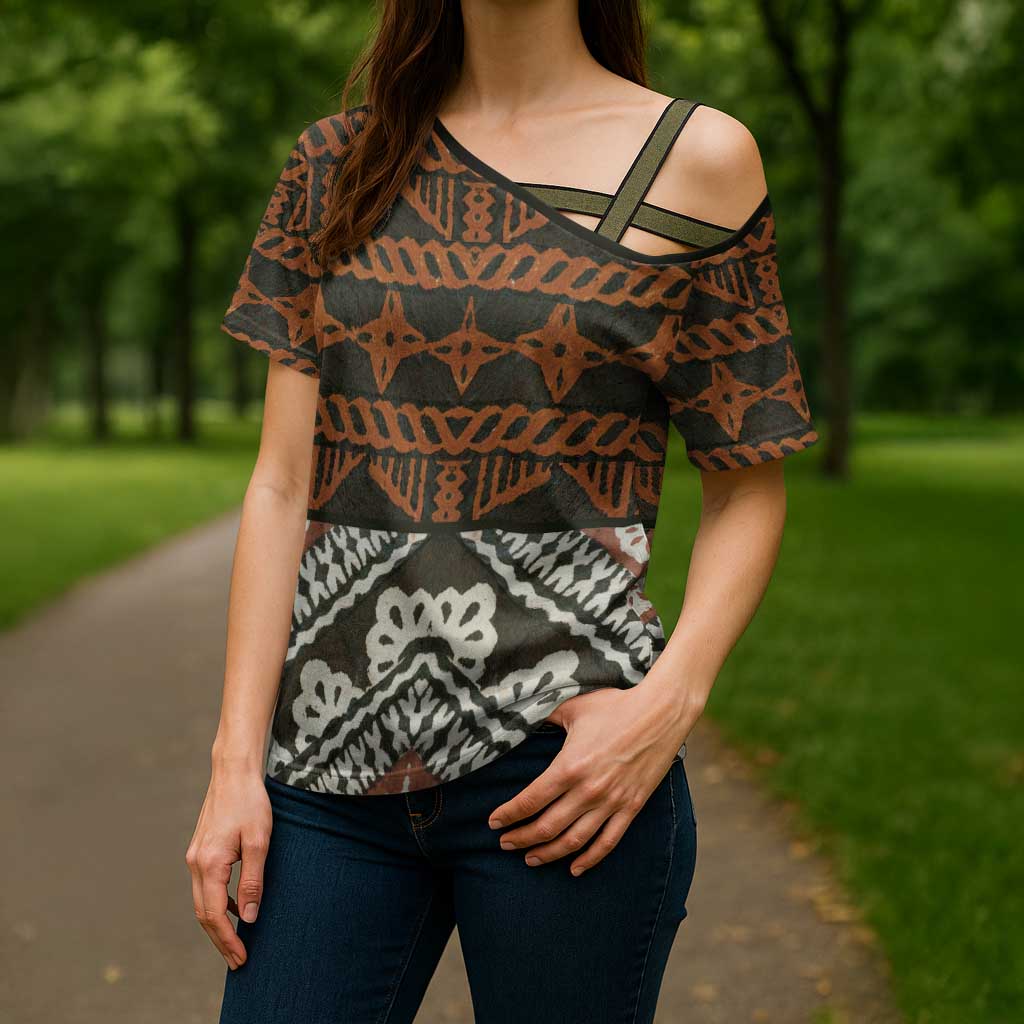 Bula Fiji Tapa Cross Shoulder Shirt Fijian Masi Vintage Vibes - Polynesian Pride