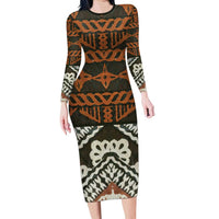 Bula Fiji Tapa Family Matching Long Sleeve Bodycon Dress and Hawaiian Shirt Fijian Masi Vintage Vibes LT14 Mom's Dress Brown - Polynesian Pride