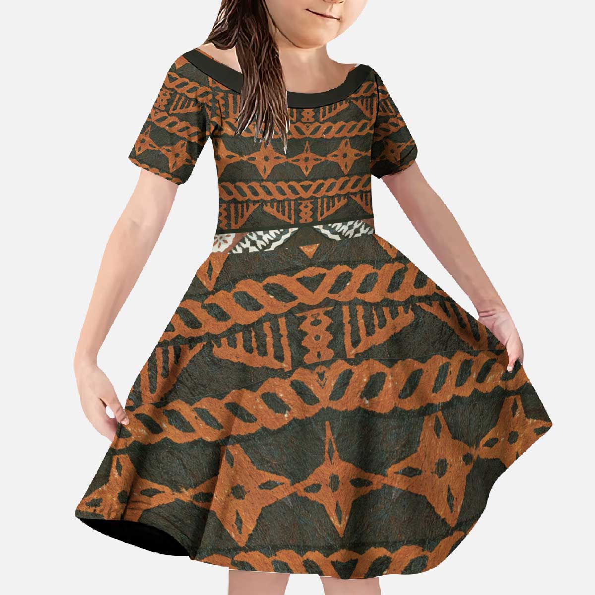Bula Fiji Tapa Family Matching Off The Shoulder Long Sleeve Dress and Hawaiian Shirt Fijian Masi Vintage Vibes LT14 Daughter's Dress Brown - Polynesian Pride