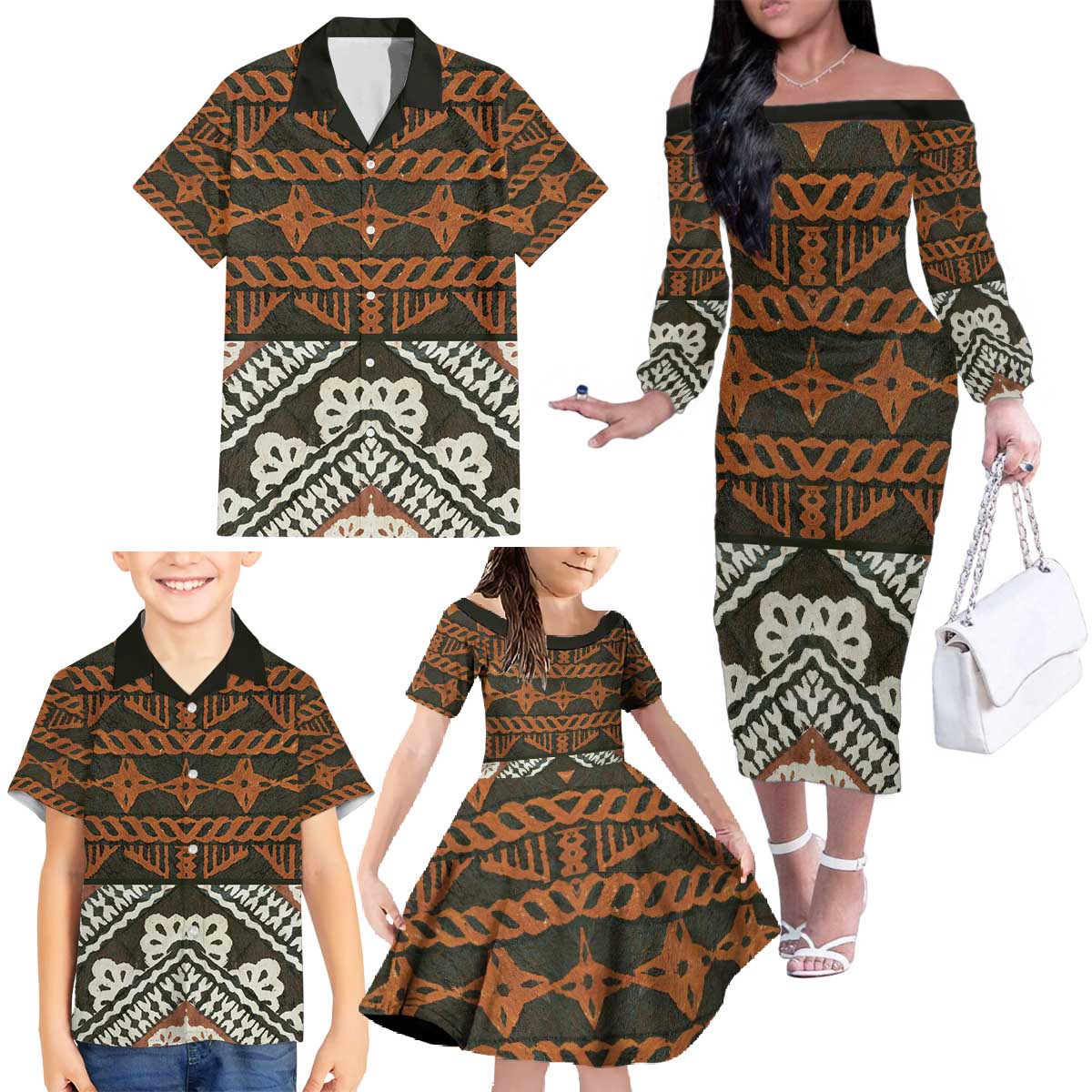Bula Fiji Tapa Family Matching Off The Shoulder Long Sleeve Dress and Hawaiian Shirt Fijian Masi Vintage Vibes LT14 - Polynesian Pride