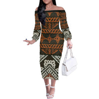Bula Fiji Tapa Family Matching Off The Shoulder Long Sleeve Dress and Hawaiian Shirt Fijian Masi Vintage Vibes LT14 Mom's Dress Brown - Polynesian Pride