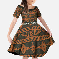 Bula Fiji Tapa Family Matching Off Shoulder Maxi Dress and Hawaiian Shirt Fijian Masi Vintage Vibes LT14 Daughter's Dress Brown - Polynesian Pride