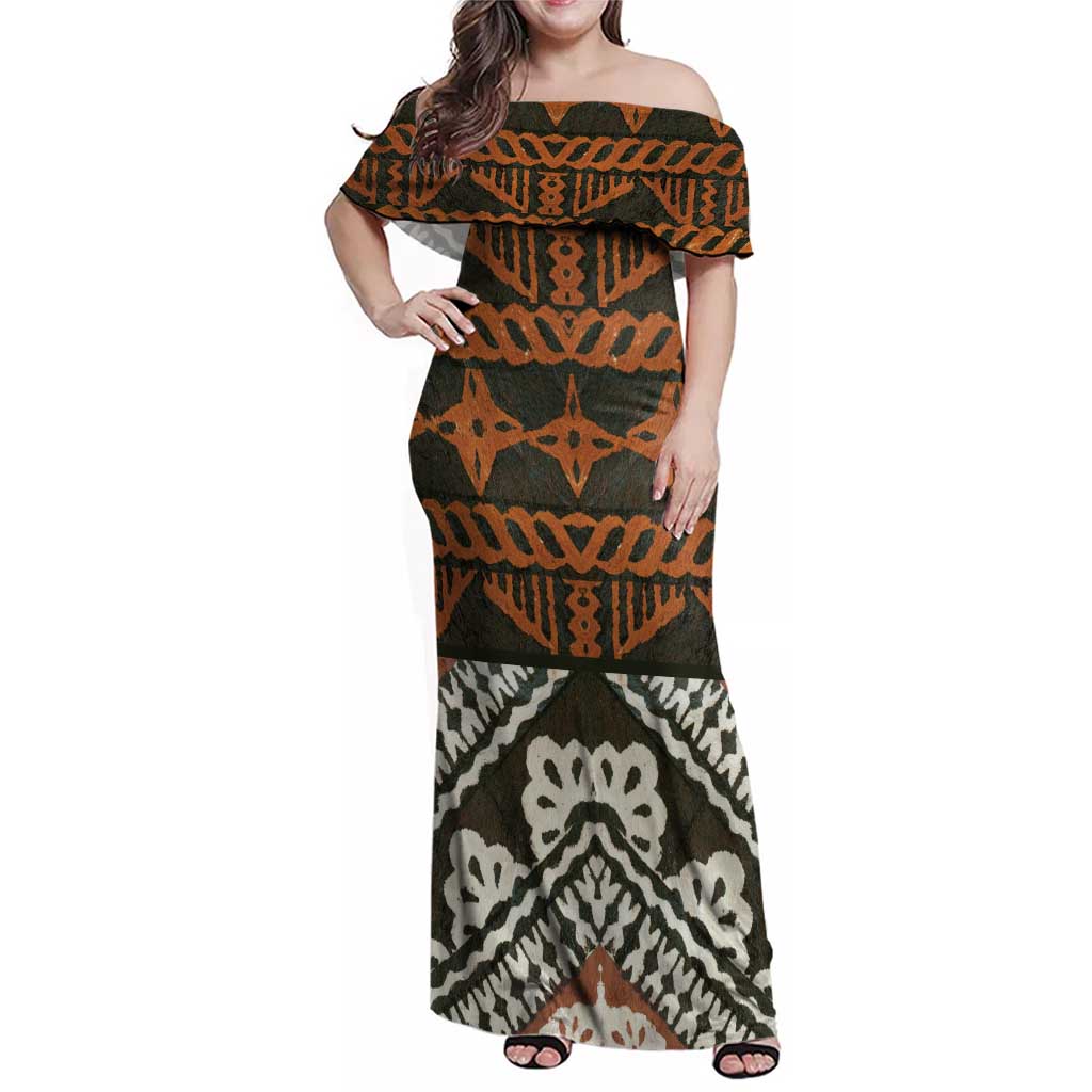 Bula Fiji Tapa Family Matching Off Shoulder Maxi Dress and Hawaiian Shirt Fijian Masi Vintage Vibes LT14 Mom's Dress Brown - Polynesian Pride