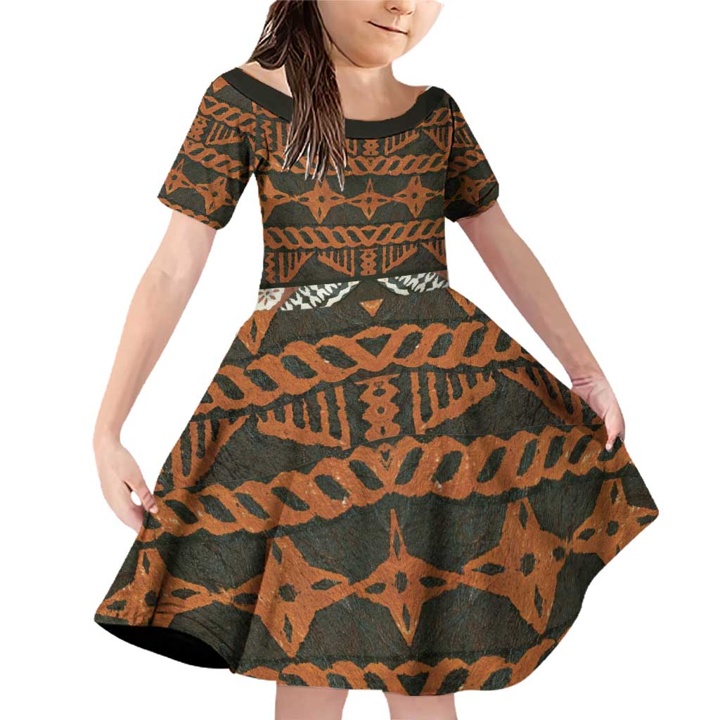 Bula Fiji Tapa Family Matching Off Shoulder Short Dress and Hawaiian Shirt Fijian Masi Vintage Vibes LT14 Daughter's Dress Brown - Polynesian Pride