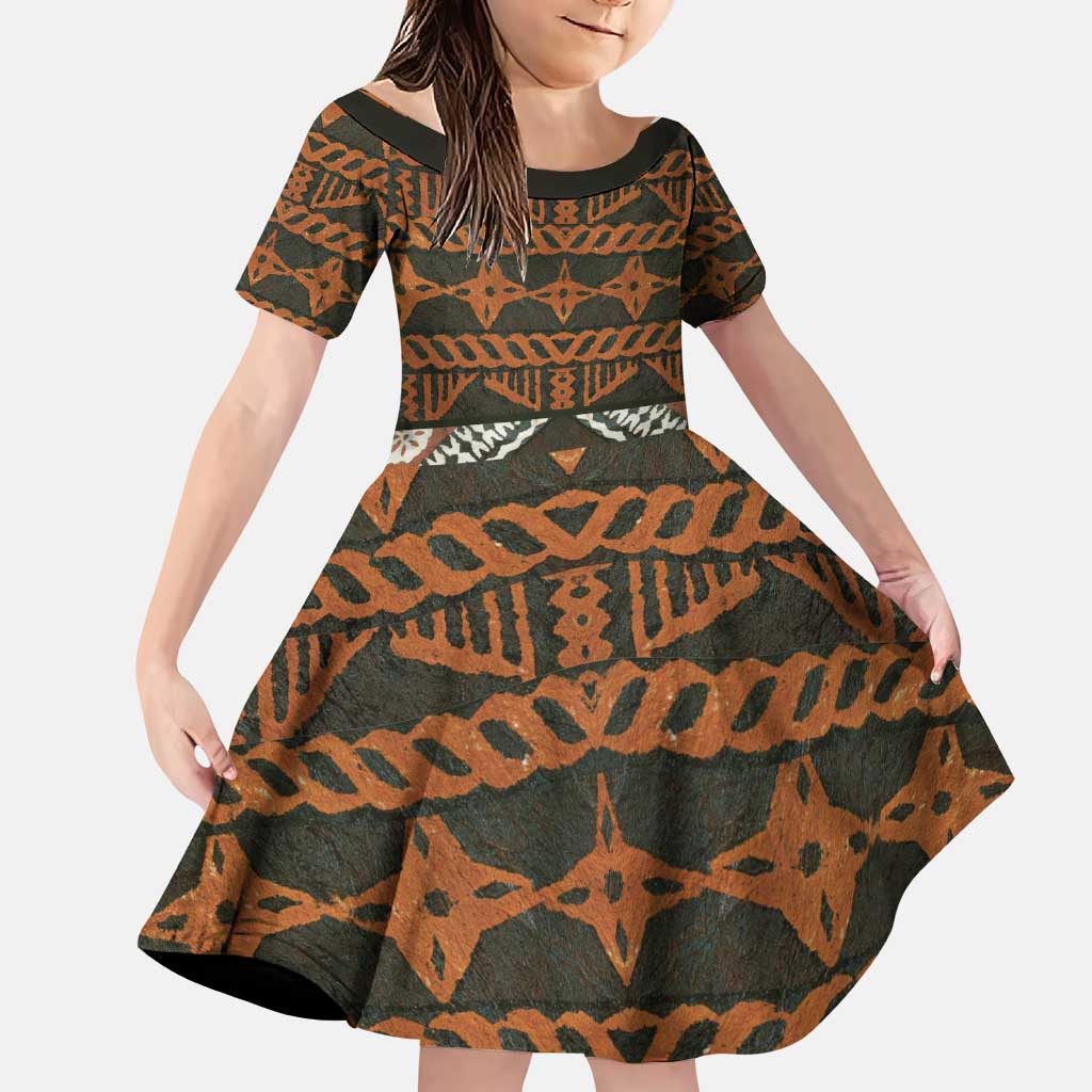 Bula Fiji Tapa Family Matching Puletasi and Hawaiian Shirt Fijian Masi Vintage Vibes LT14 Daughter's Dress Brown - Polynesian Pride