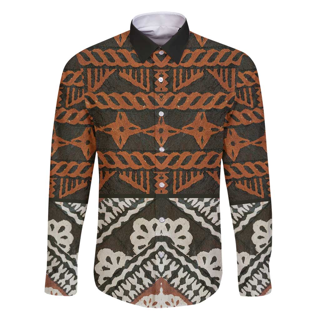 Bula Fiji Tapa Family Matching Puletasi and Hawaiian Shirt Fijian Masi Vintage Vibes LT14 Dad's Shirt - Long Sleeve Brown - Polynesian Pride
