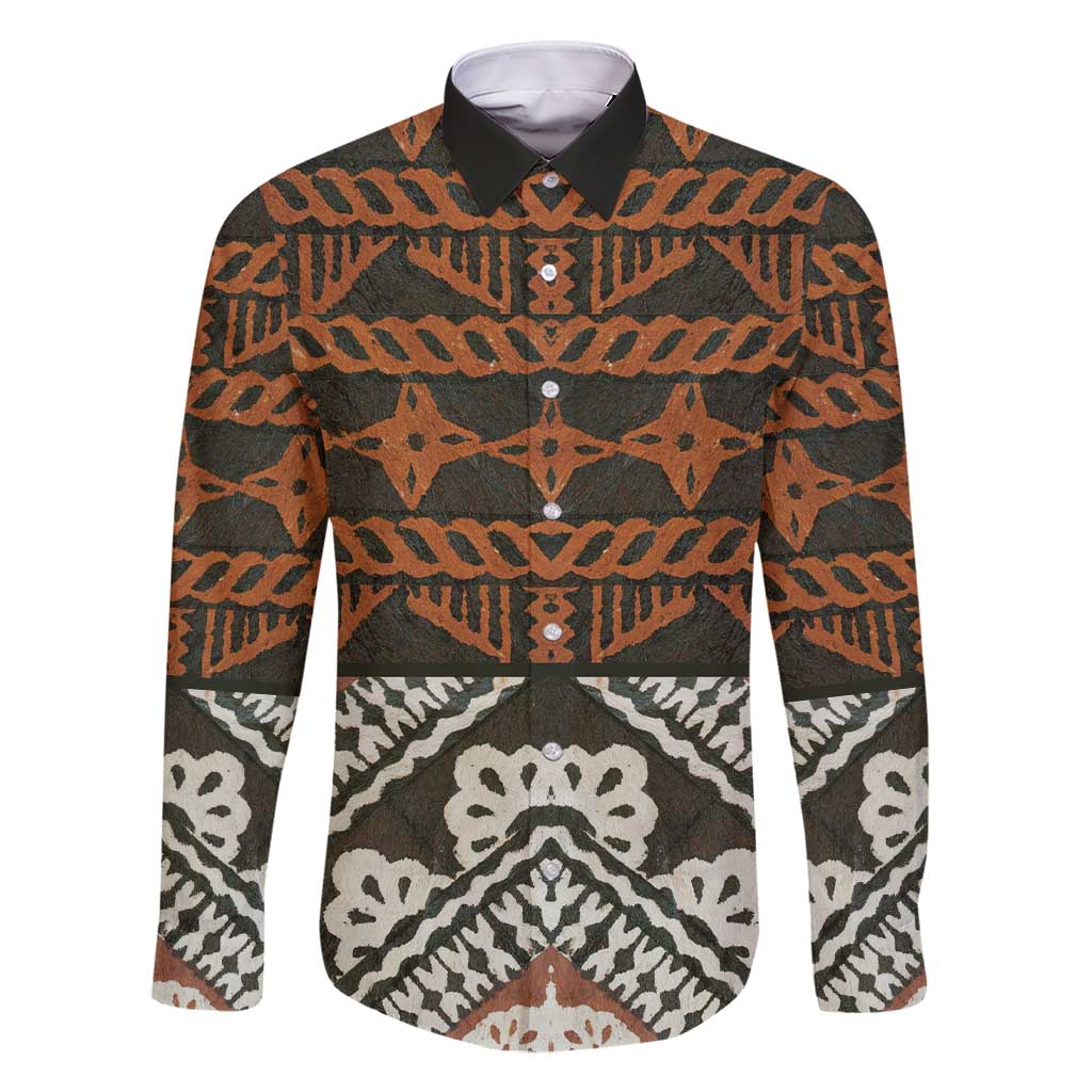 Bula Fiji Tapa Family Matching Short Sleeve Bodycon Dress and Hawaiian Shirt Fijian Masi Vintage Vibes LT14 Dad's Shirt - Long Sleeve Brown - Polynesian Pride