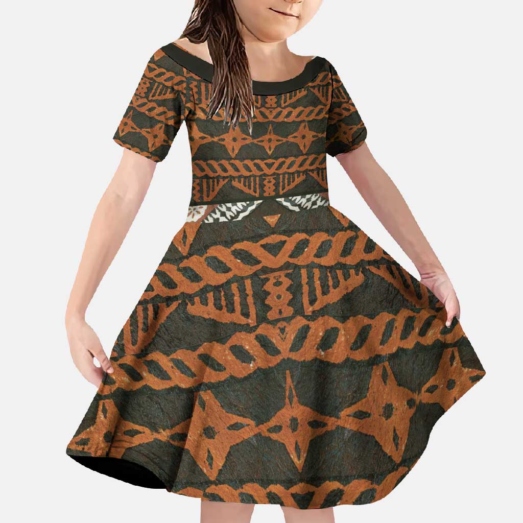 Bula Fiji Tapa Family Matching Summer Maxi Dress and Hawaiian Shirt Fijian Masi Vintage Vibes LT14 Daughter's Dress Brown - Polynesian Pride