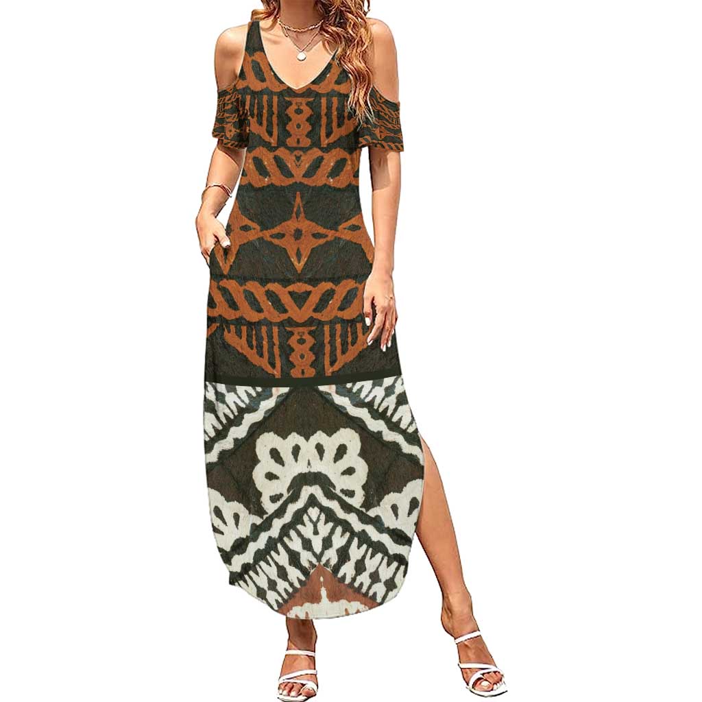 Bula Fiji Tapa Family Matching Summer Maxi Dress and Hawaiian Shirt Fijian Masi Vintage Vibes LT14 Mom's Dress Brown - Polynesian Pride