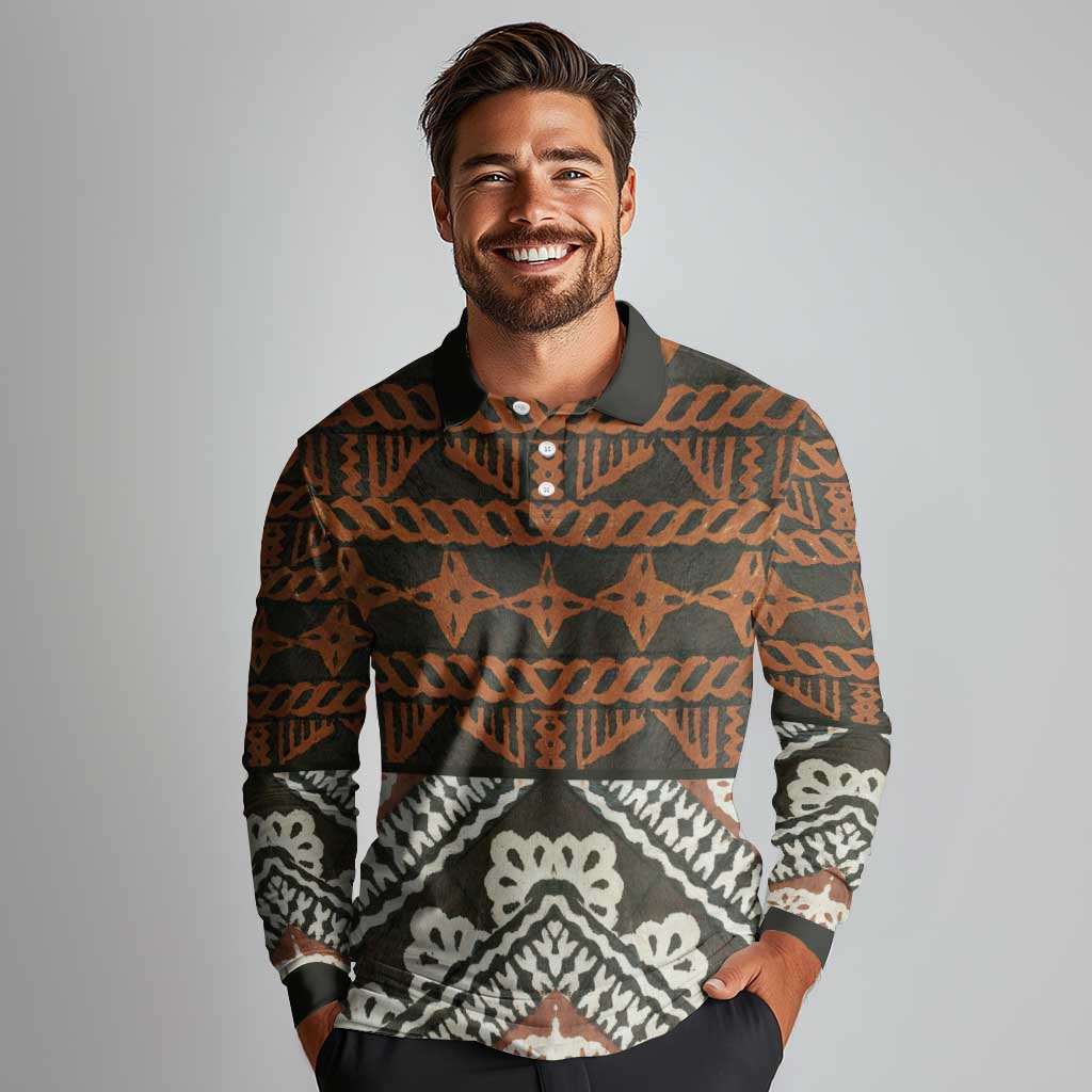 Bula Fiji Tapa Long Sleeve Polo Shirt Fijian Masi Vintage Vibes - Polynesian Pride