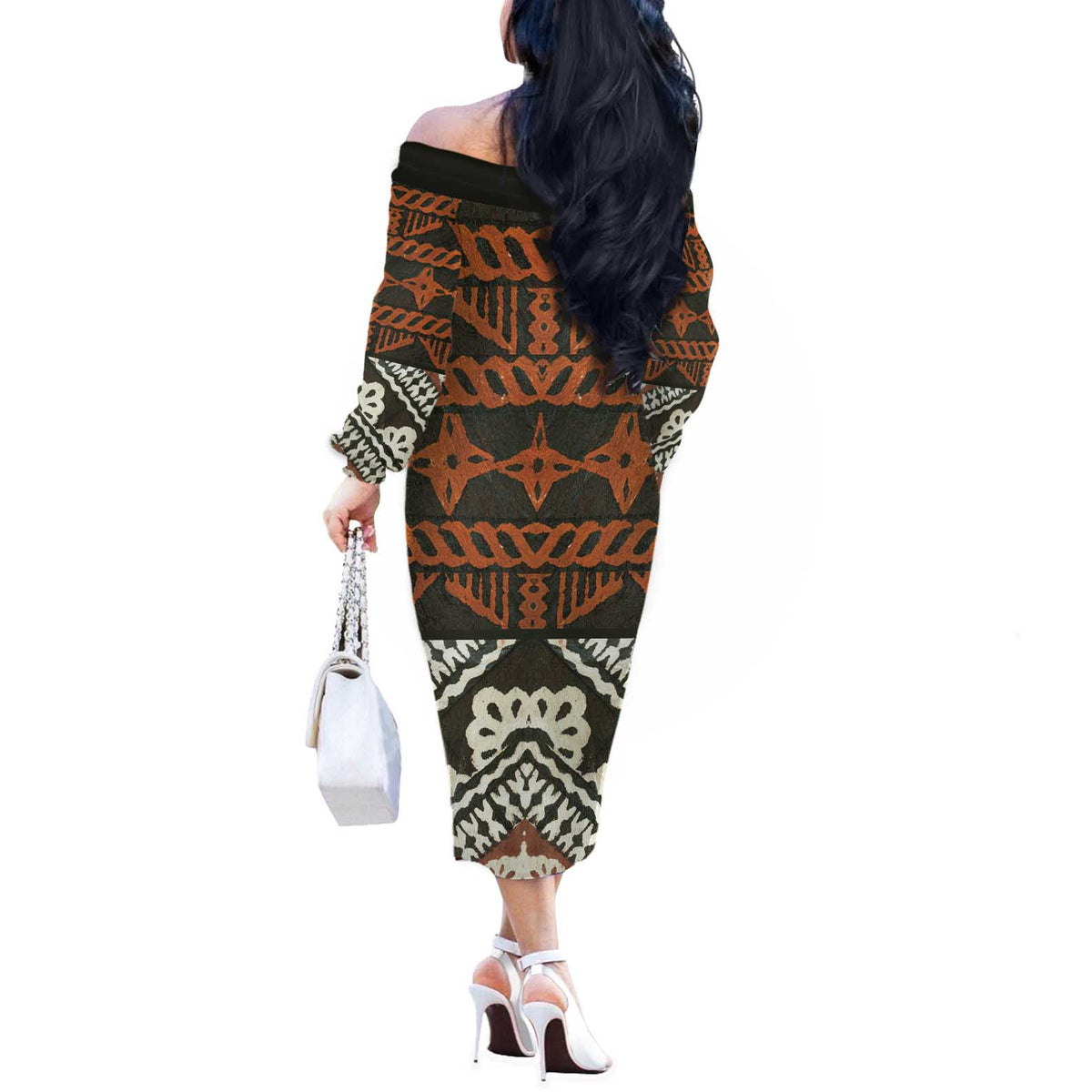 Bula Fiji Tapa Off The Shoulder Long Sleeve Dress Fijian Masi Vintage Vibes - Polynesian Pride