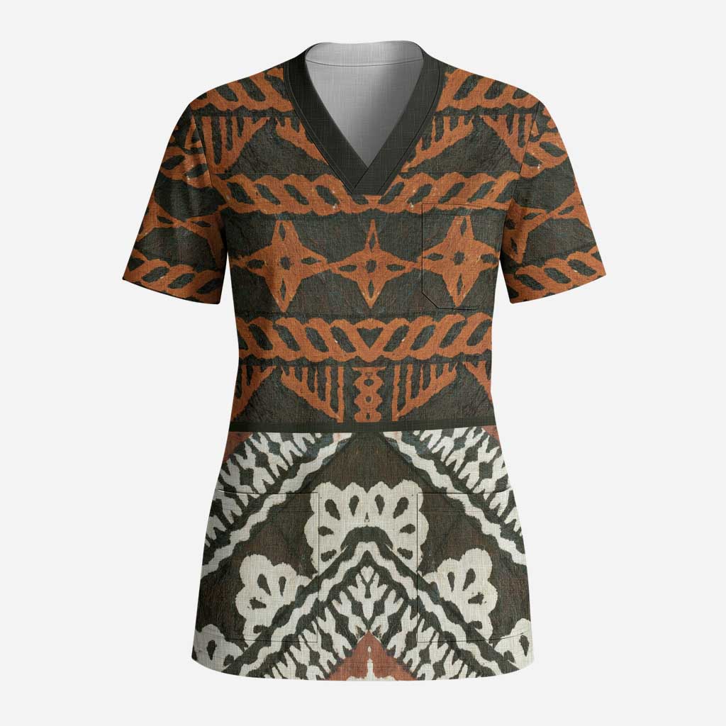 Bula Fiji Tapa Scrub Top Fijian Masi Vintage Vibes LT14 Adult Brown - Polynesian Pride