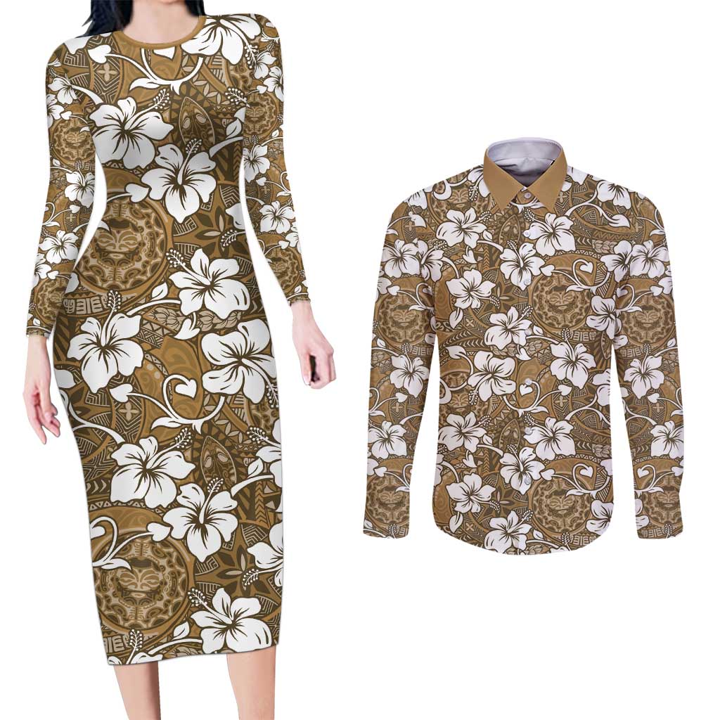 Kuvui Bula Fiji Couples Matching Long Sleeve Bodycon Dress and Long Sleeve Button Shirt Fijian Tapa Seamless Hibiscus LT14 Brown - Polynesian Pride