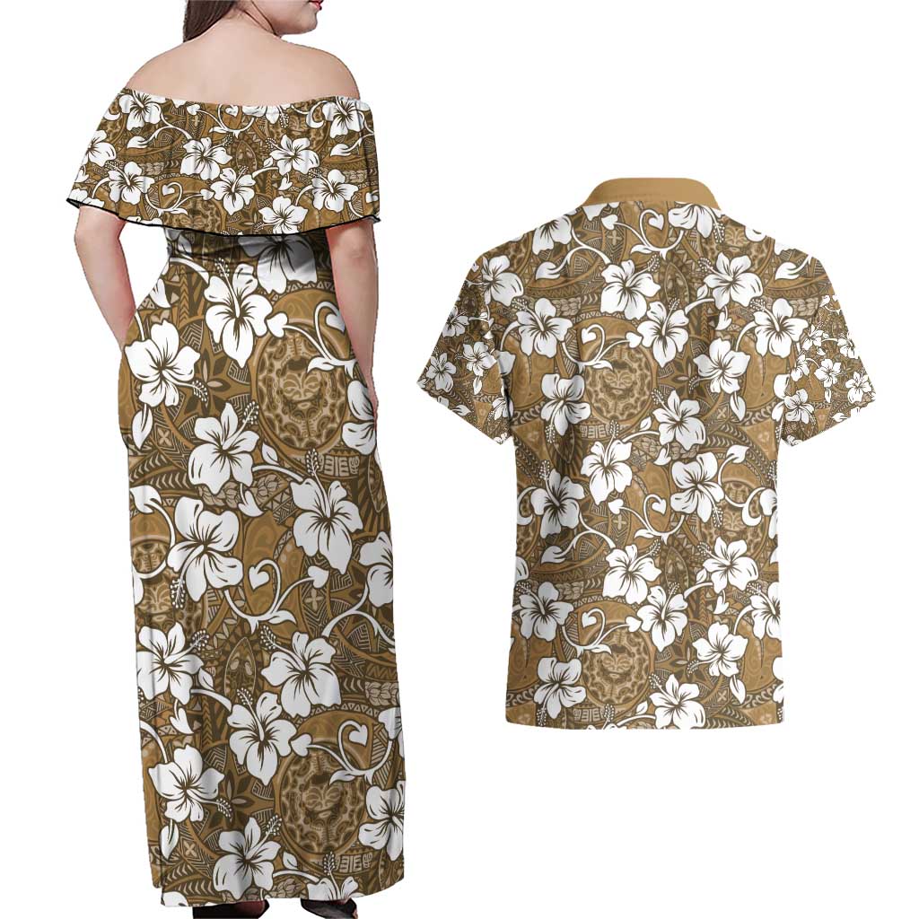 Kuvui Bula Fiji Couples Matching Off Shoulder Maxi Dress and Hawaiian Shirt Fijian Tapa Seamless Hibiscus LT14 - Polynesian Pride