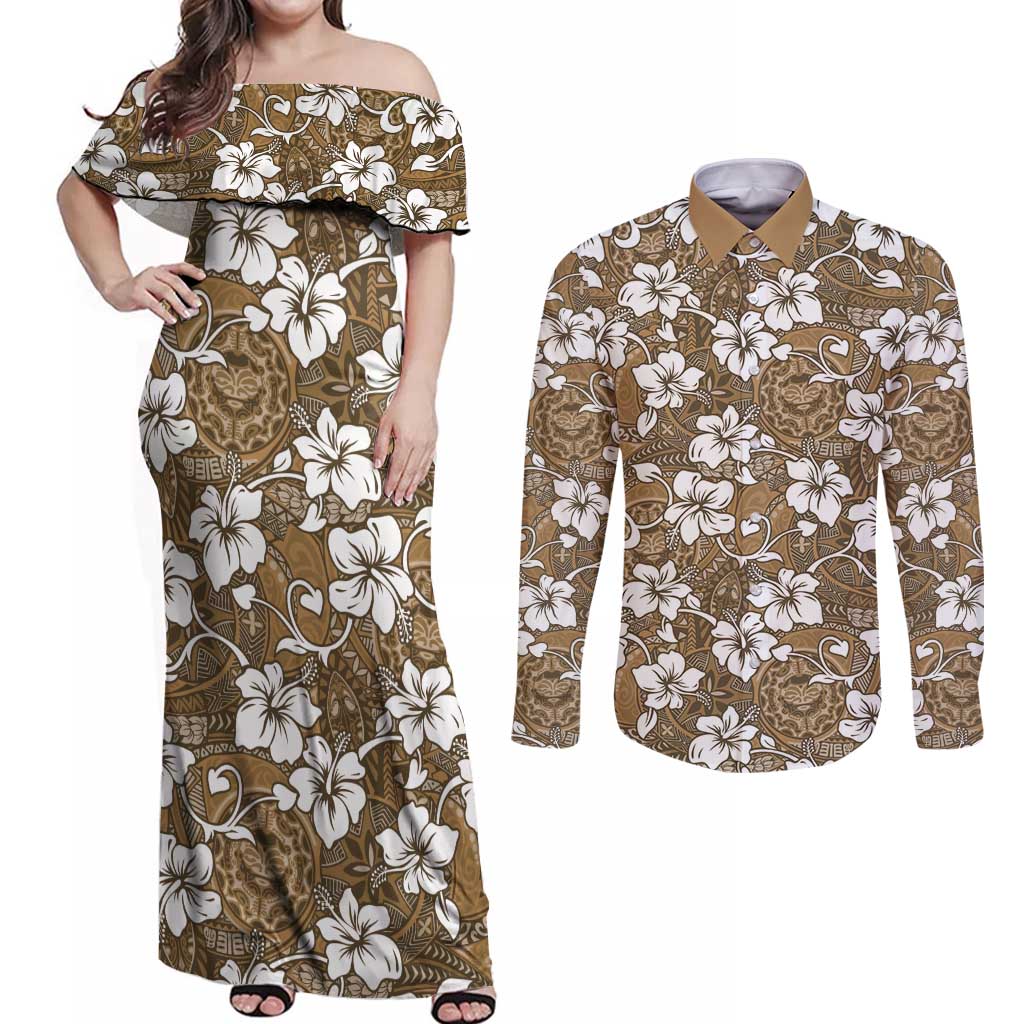 Kuvui Bula Fiji Couples Matching Off Shoulder Maxi Dress and Long Sleeve Button Shirt Fijian Tapa Seamless Hibiscus LT14 Brown - Polynesian Pride