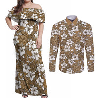 Kuvui Bula Fiji Couples Matching Off Shoulder Maxi Dress and Long Sleeve Button Shirt Fijian Tapa Seamless Hibiscus LT14 Brown - Polynesian Pride