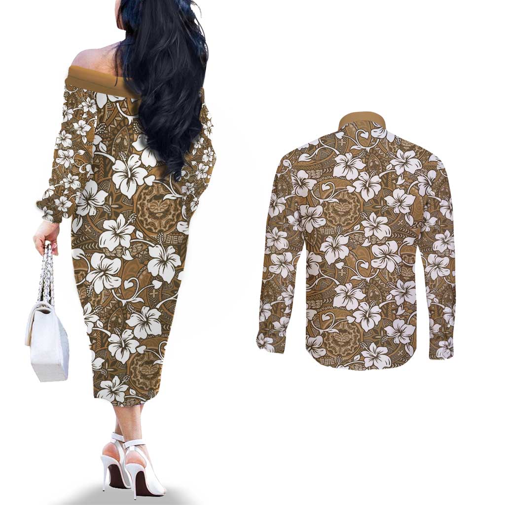 Kuvui Bula Fiji Couples Matching Off The Shoulder Long Sleeve Dress and Long Sleeve Button Shirt Fijian Tapa Seamless Hibiscus LT14 - Polynesian Pride