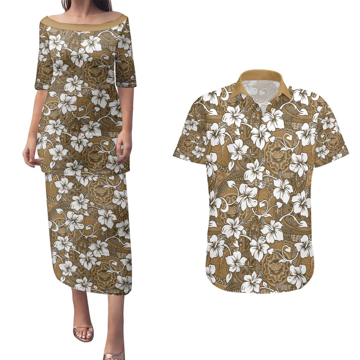 Kuvui Bula Fiji Couples Matching Puletasi and Hawaiian Shirt Fijian Tapa Seamless Hibiscus LT14 Brown - Polynesian Pride