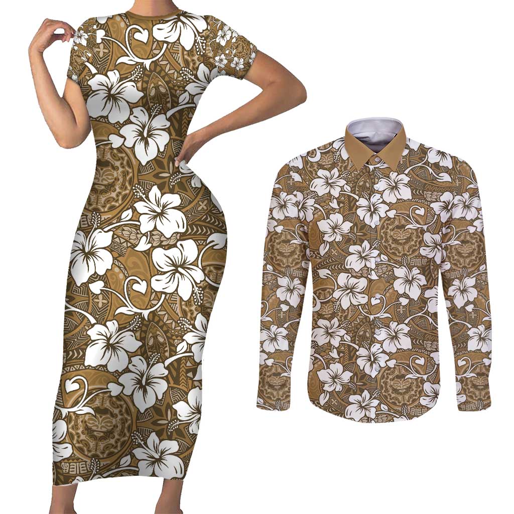 Kuvui Bula Fiji Couples Matching Short Sleeve Bodycon Dress and Long Sleeve Button Shirt Fijian Tapa Seamless Hibiscus LT14 Brown - Polynesian Pride