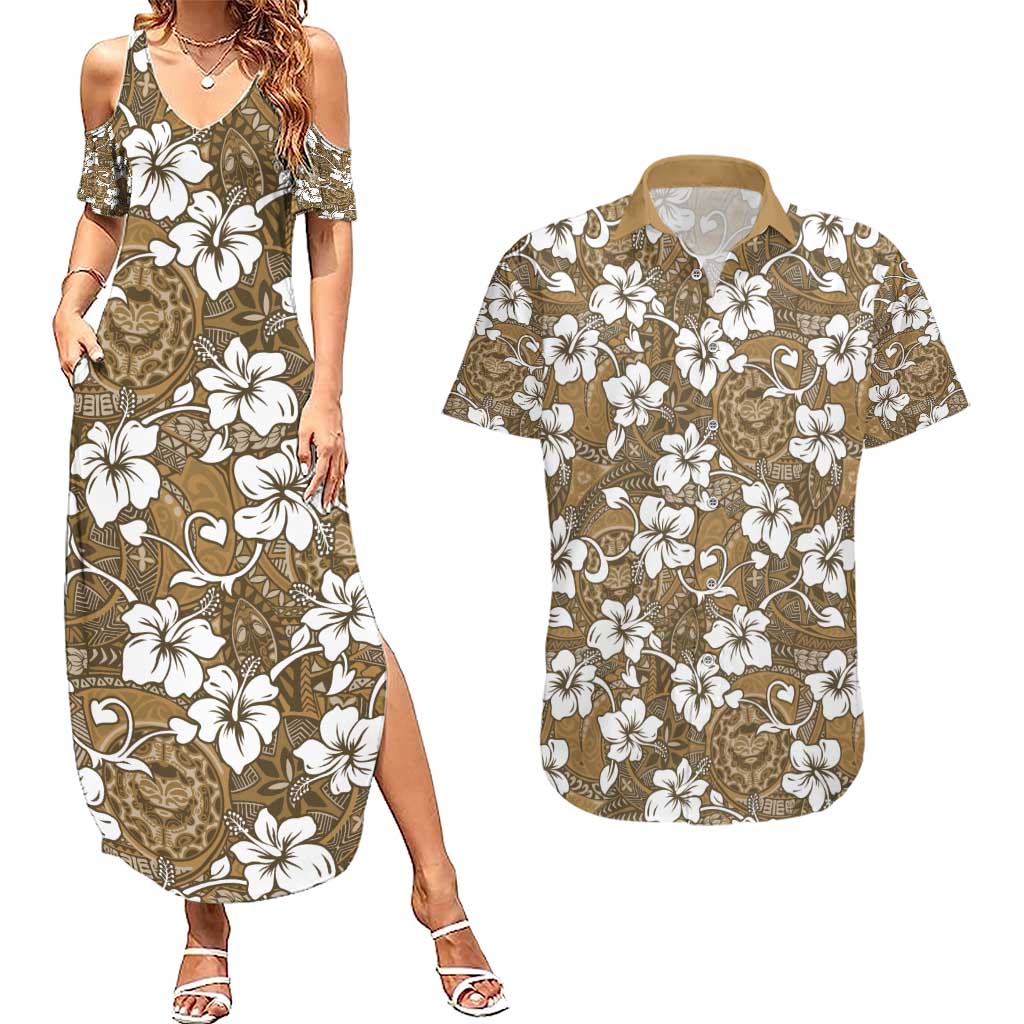 Kuvui Bula Fiji Couples Matching Summer Maxi Dress and Hawaiian Shirt Fijian Tapa Seamless Hibiscus LT14 Brown - Polynesian Pride