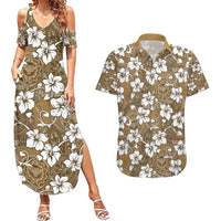 Kuvui Bula Fiji Couples Matching Summer Maxi Dress and Hawaiian Shirt Fijian Tapa Seamless Hibiscus LT14 Brown - Polynesian Pride