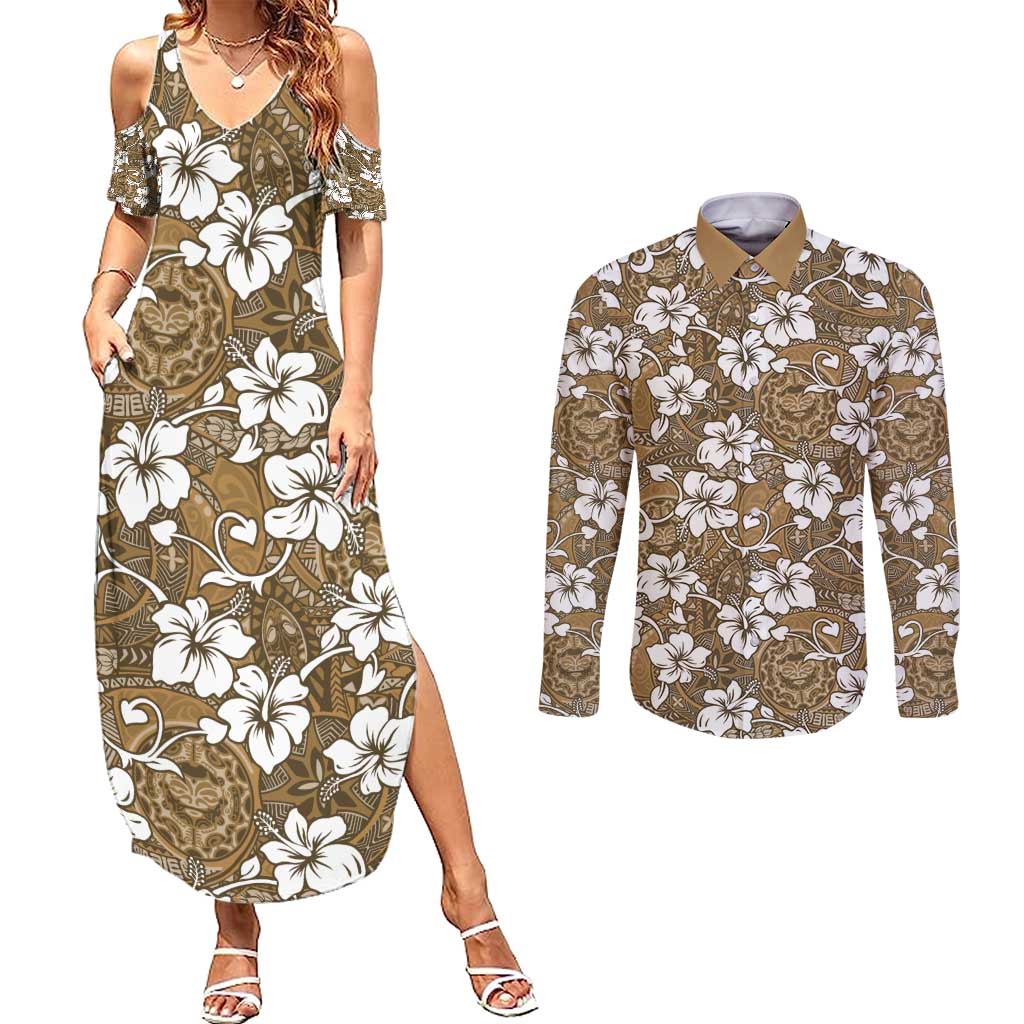 Kuvui Bula Fiji Couples Matching Summer Maxi Dress and Long Sleeve Button Shirt Fijian Tapa Seamless Hibiscus LT14 Brown - Polynesian Pride