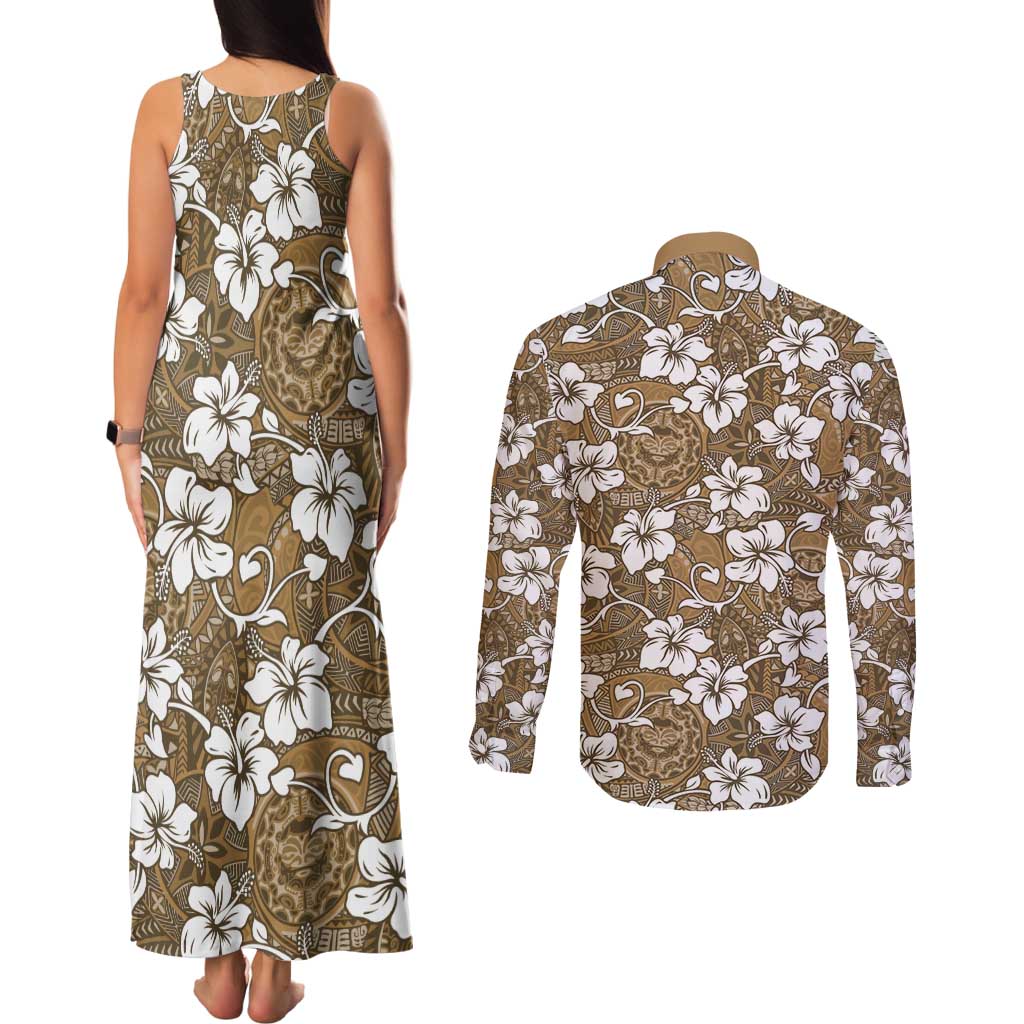 Kuvui Bula Fiji Couples Matching Tank Maxi Dress and Long Sleeve Button Shirt Fijian Tapa Seamless Hibiscus LT14 - Polynesian Pride