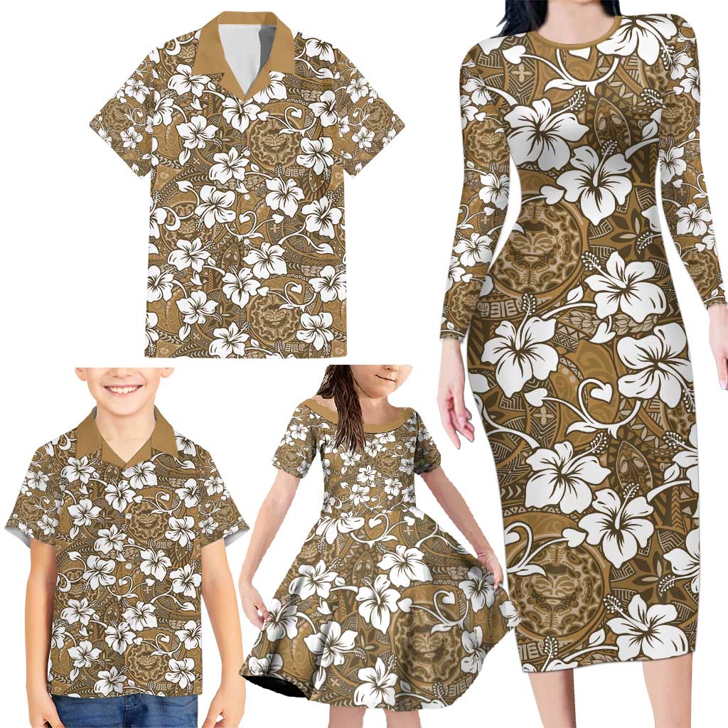 Kuvui Bula Fiji Family Matching Long Sleeve Bodycon Dress and Hawaiian Shirt Fijian Tapa Seamless Hibiscus LT14 - Polynesian Pride