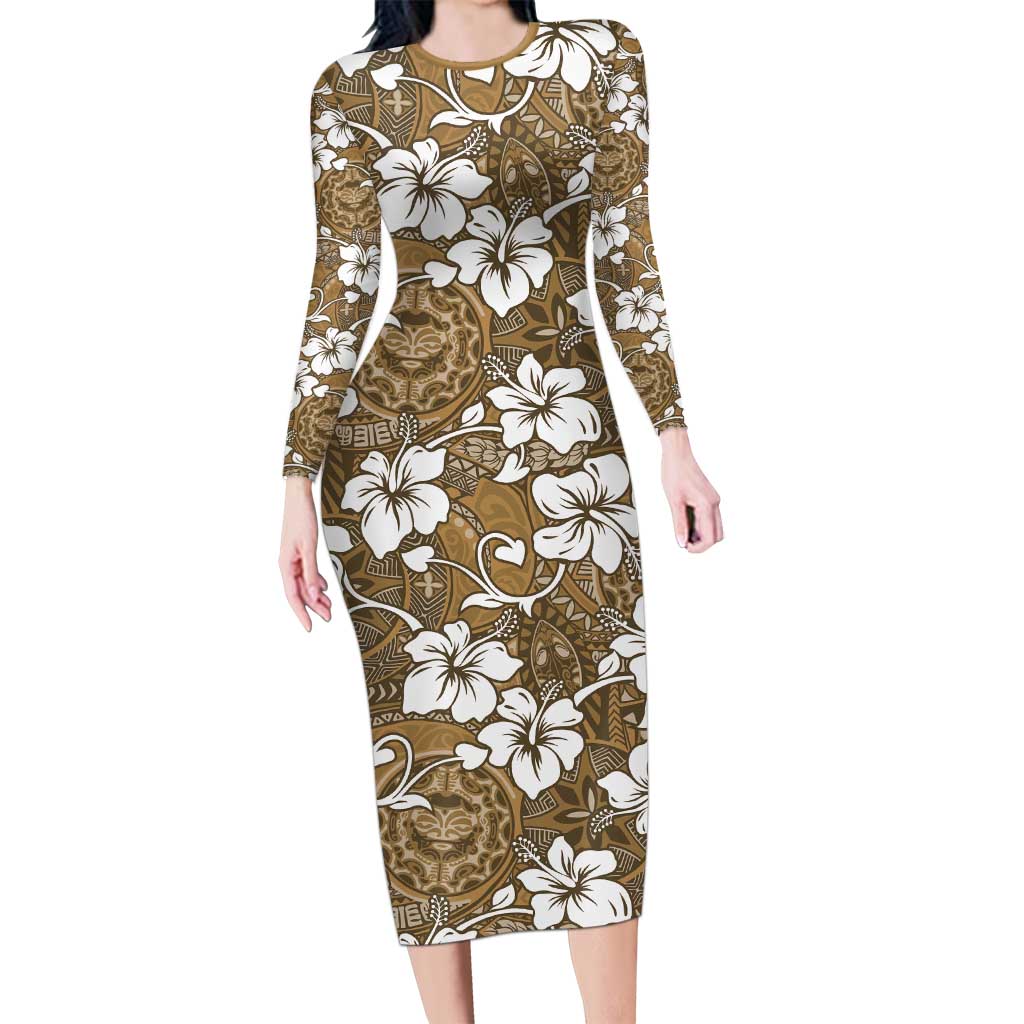 Kuvui Bula Fiji Family Matching Long Sleeve Bodycon Dress and Hawaiian Shirt Fijian Tapa Seamless Hibiscus LT14 Mom's Dress Brown - Polynesian Pride
