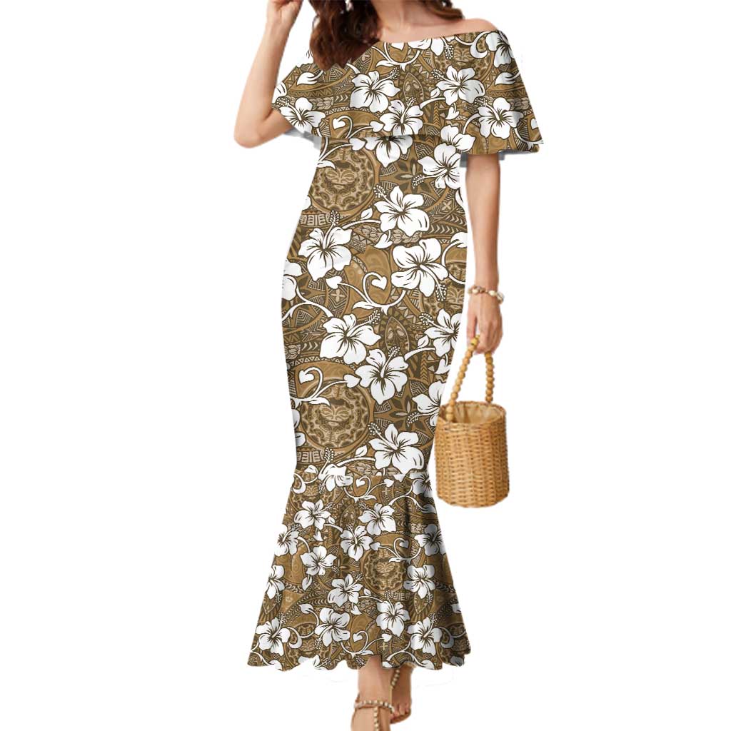 Kuvui Bula Fiji Family Matching Mermaid Dress and Hawaiian Shirt Fijian Tapa Seamless Hibiscus LT14 Mom's Dress Brown - Polynesian Pride