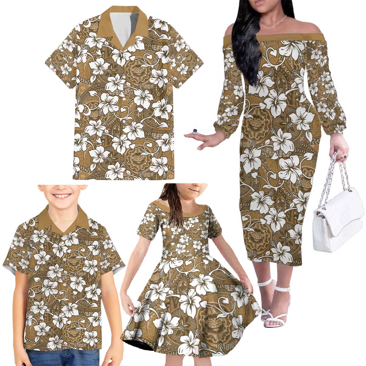 Kuvui Bula Fiji Family Matching Off The Shoulder Long Sleeve Dress and Hawaiian Shirt Fijian Tapa Seamless Hibiscus LT14 - Polynesian Pride