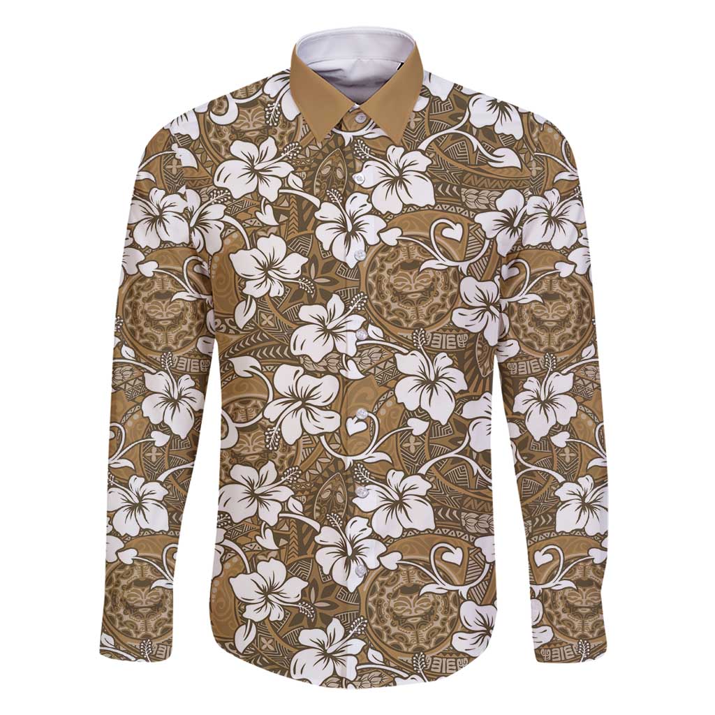 Kuvui Bula Fiji Family Matching Off Shoulder Short Dress and Hawaiian Shirt Fijian Tapa Seamless Hibiscus LT14 Dad's Shirt - Long Sleeve Brown - Polynesian Pride