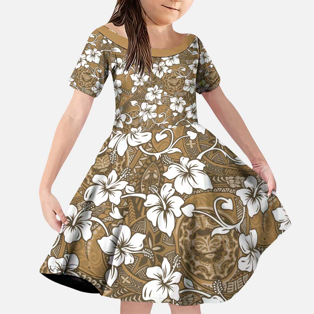 Kuvui Bula Fiji Family Matching Puletasi and Hawaiian Shirt Fijian Tapa Seamless Hibiscus LT14 Daughter's Dress Brown - Polynesian Pride