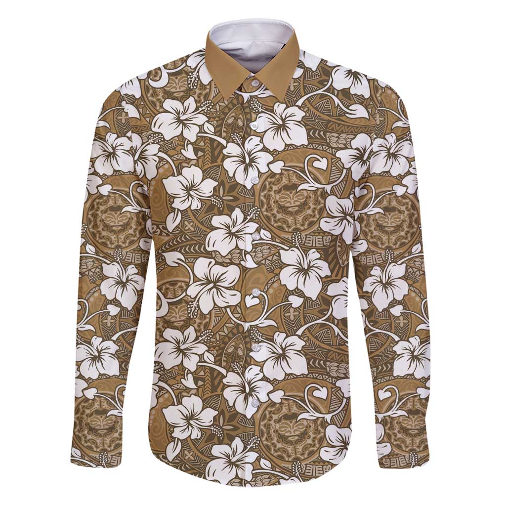 Kuvui Bula Fiji Family Matching Puletasi and Hawaiian Shirt Fijian Tapa Seamless Hibiscus LT14 Dad's Shirt - Long Sleeve Brown - Polynesian Pride