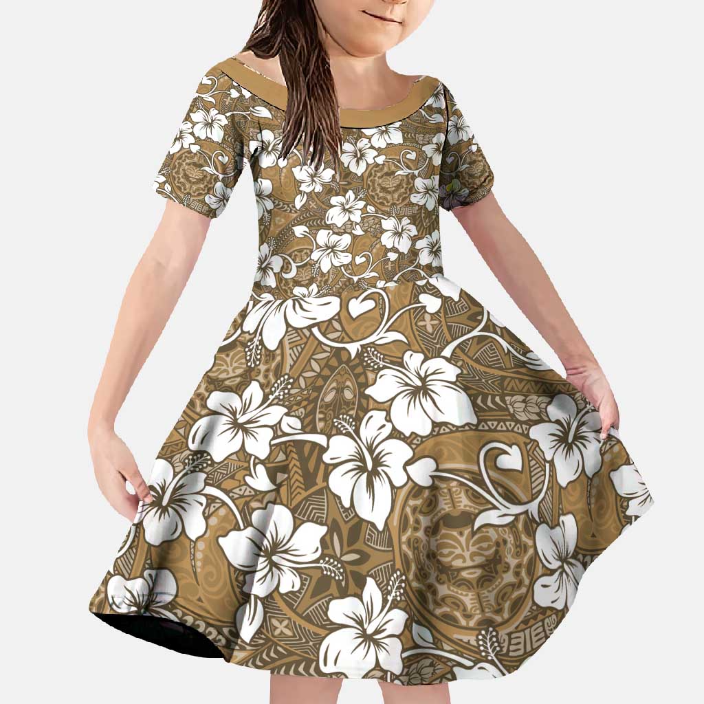 Kuvui Bula Fiji Family Matching Short Sleeve Bodycon Dress and Hawaiian Shirt Fijian Tapa Seamless Hibiscus LT14 Daughter's Dress Brown - Polynesian Pride