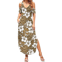 Kuvui Bula Fiji Family Matching Summer Maxi Dress and Hawaiian Shirt Fijian Tapa Seamless Hibiscus LT14 Mom's Dress Brown - Polynesian Pride