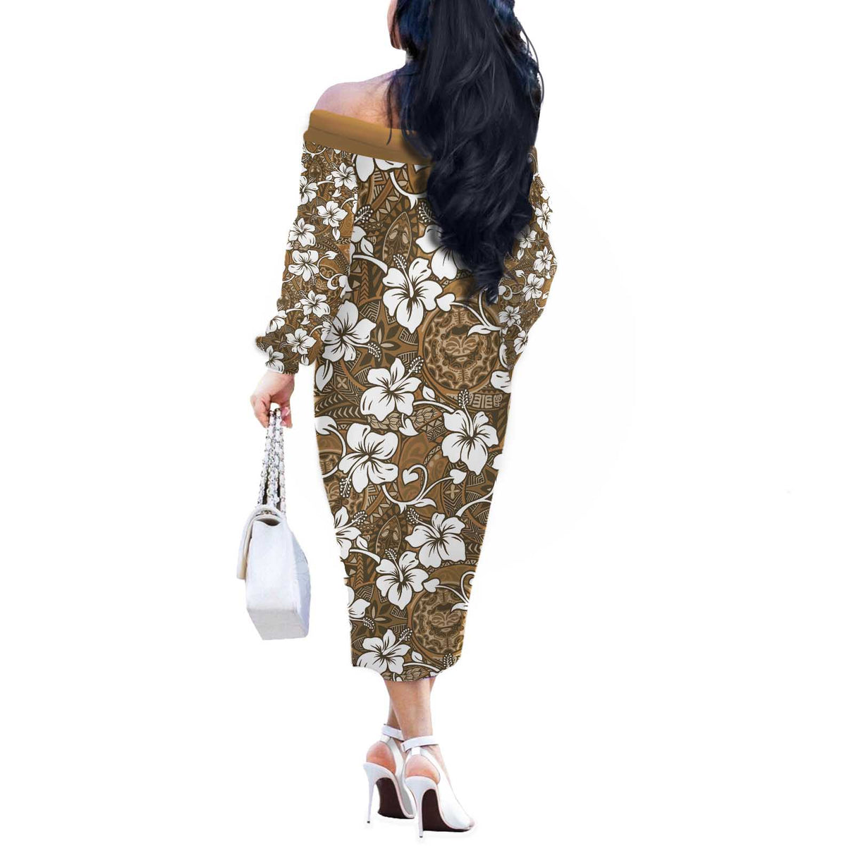 Kuvui Bula Fiji Off The Shoulder Long Sleeve Dress Fijian Tapa Seamless Hibiscus - Polynesian Pride