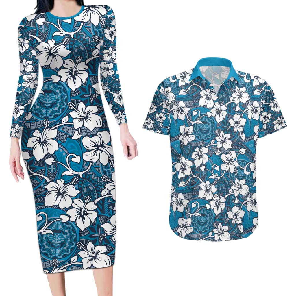Karakarawa Bula Fiji Couples Matching Long Sleeve Bodycon Dress and Hawaiian Shirt Fijian Tapa Seamless Hibiscus LT14 Blue - Polynesian Pride