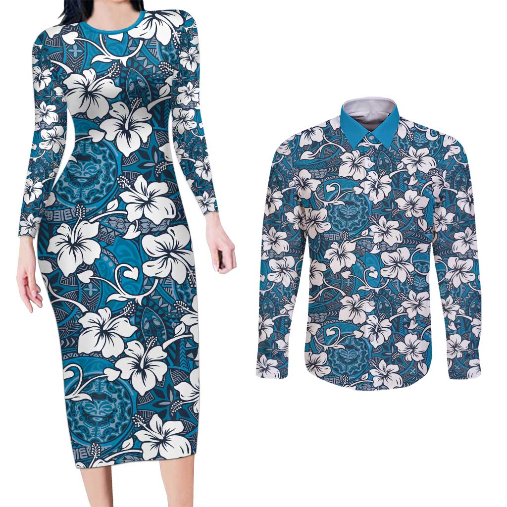 Karakarawa Bula Fiji Couples Matching Long Sleeve Bodycon Dress and Long Sleeve Button Shirt Fijian Tapa Seamless Hibiscus LT14 Blue - Polynesian Pride