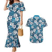 Karakarawa Bula Fiji Couples Matching Mermaid Dress and Hawaiian Shirt Fijian Tapa Seamless Hibiscus LT14 Blue - Polynesian Pride