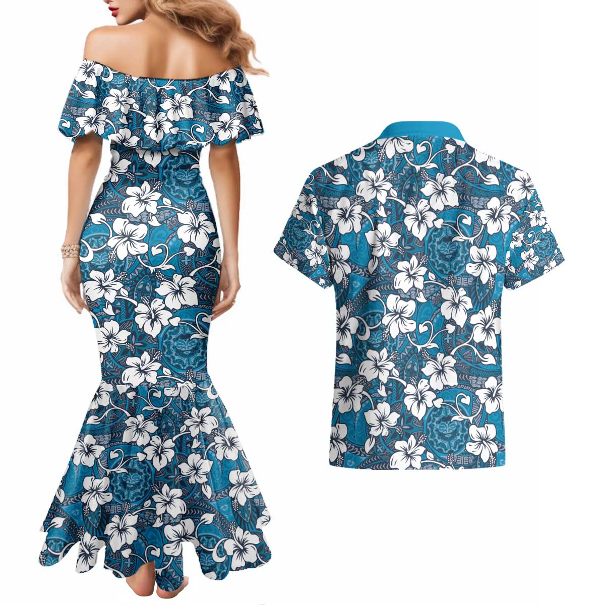 Karakarawa Bula Fiji Couples Matching Mermaid Dress and Hawaiian Shirt Fijian Tapa Seamless Hibiscus LT14 - Polynesian Pride