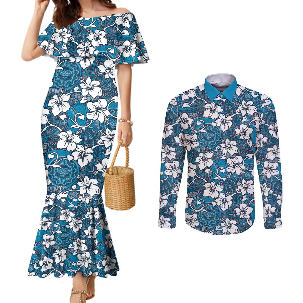 Karakarawa Bula Fiji Couples Matching Mermaid Dress and Long Sleeve Button Shirt Fijian Tapa Seamless Hibiscus - Polynesian Pride