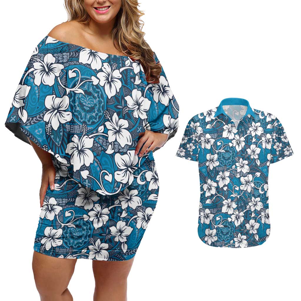 Karakarawa Bula Fiji Couples Matching Off Shoulder Short Dress and Hawaiian Shirt Fijian Tapa Seamless Hibiscus LT14 Blue - Polynesian Pride
