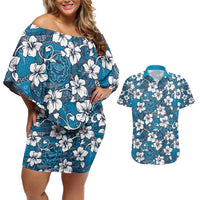 Karakarawa Bula Fiji Couples Matching Off Shoulder Short Dress and Hawaiian Shirt Fijian Tapa Seamless Hibiscus LT14 Blue - Polynesian Pride
