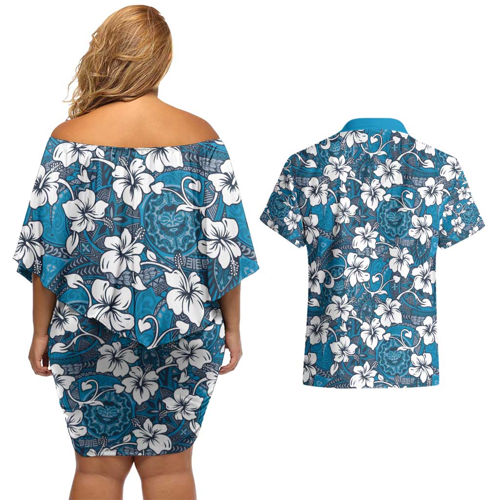 Karakarawa Bula Fiji Couples Matching Off Shoulder Short Dress and Hawaiian Shirt Fijian Tapa Seamless Hibiscus LT14 - Polynesian Pride