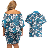 Karakarawa Bula Fiji Couples Matching Off Shoulder Short Dress and Hawaiian Shirt Fijian Tapa Seamless Hibiscus LT14 - Polynesian Pride