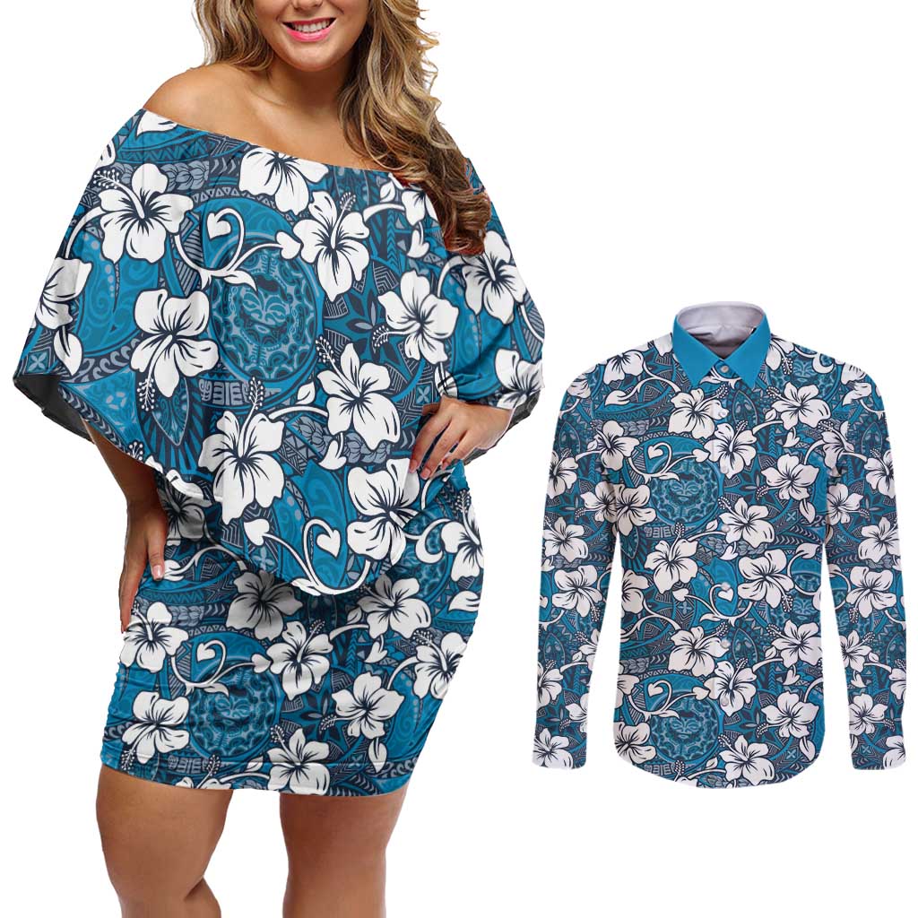 Karakarawa Bula Fiji Couples Matching Off Shoulder Short Dress and Long Sleeve Button Shirt Fijian Tapa Seamless Hibiscus LT14 Blue - Polynesian Pride
