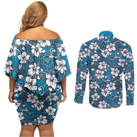 Karakarawa Bula Fiji Couples Matching Off Shoulder Short Dress and Long Sleeve Button Shirt Fijian Tapa Seamless Hibiscus LT14 - Polynesian Pride